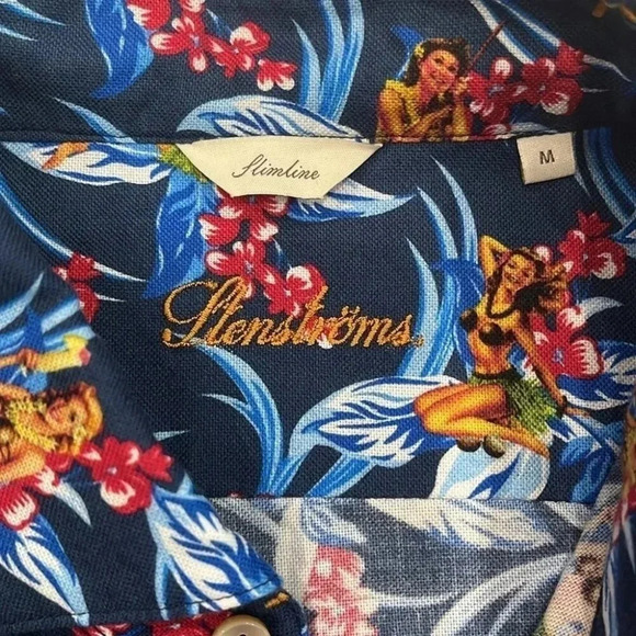 [M]Stenstroms Flimline Hawaiian Floral Girl Blue Cotton L/S Button  Up Shirt - Picture 3 of 6
